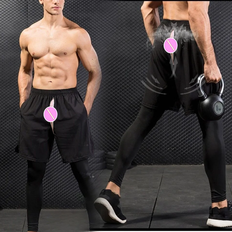 Erkek 2 in 1 Atletik Koşu Görünmez Açık Kasık Seks Pantolon Hızlı Kuru Spor egzersiz şortu Erkekler için Sıkıştırma cepli pantolon