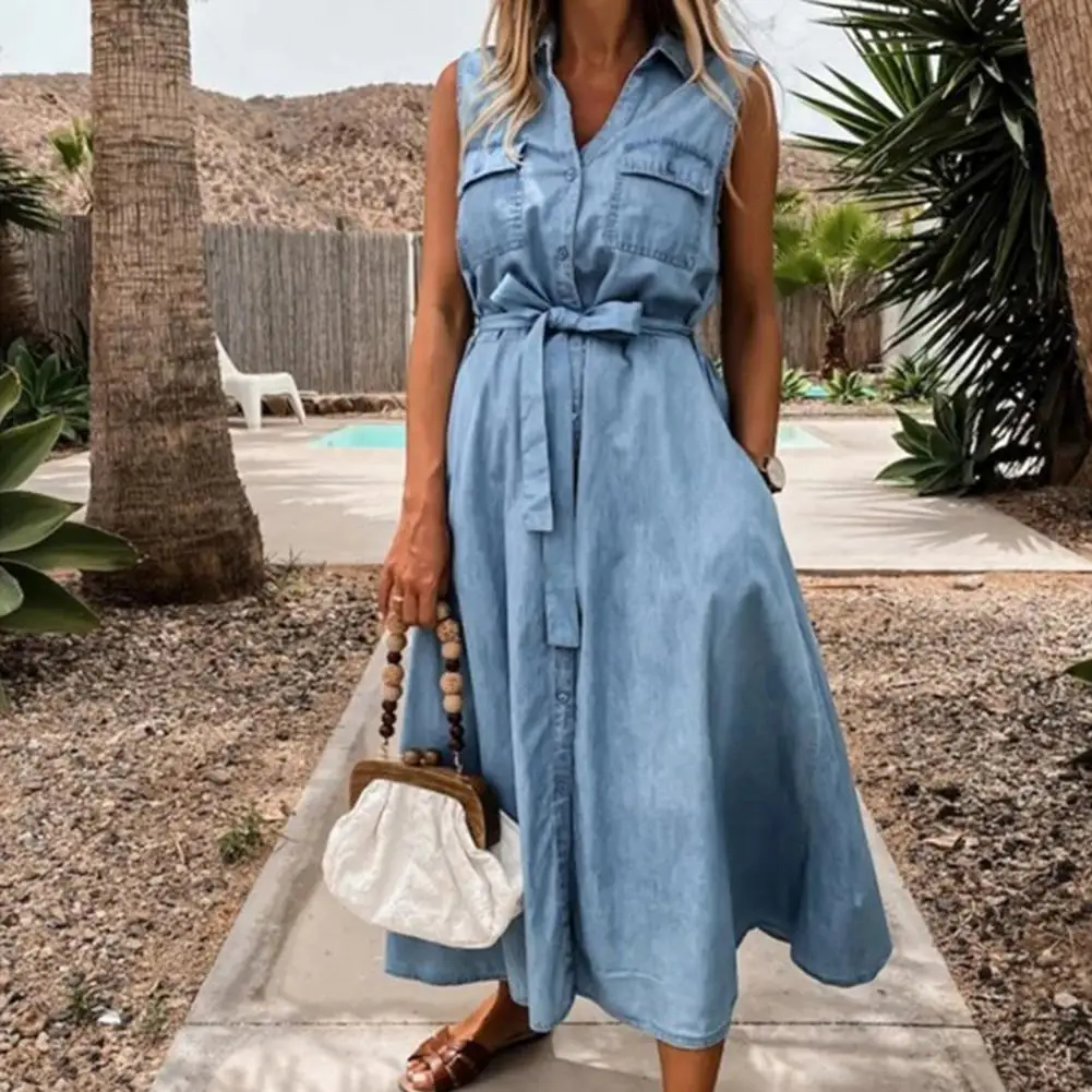Kadın Denim Elbise Turn-Aşağı Yaka Kolsuz Yüksek Kesim Kemer Kadın Elbise Mavi Tek Göğüslü Denim Midi Elbise Bayan Giyim
