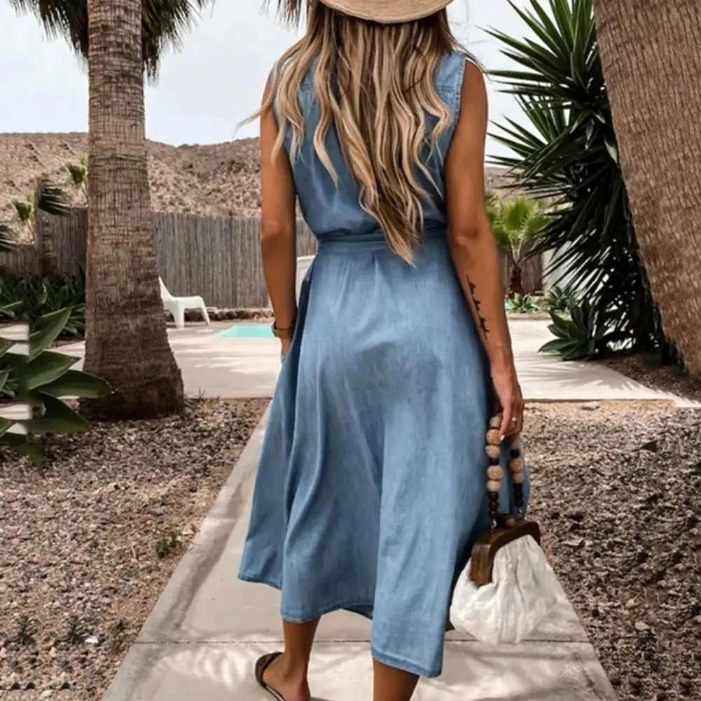 Kadın Denim Elbise Turn-Aşağı Yaka Kolsuz Yüksek Kesim Kemer Kadın Elbise Mavi Tek Göğüslü Denim Midi Elbise Bayan Giyim