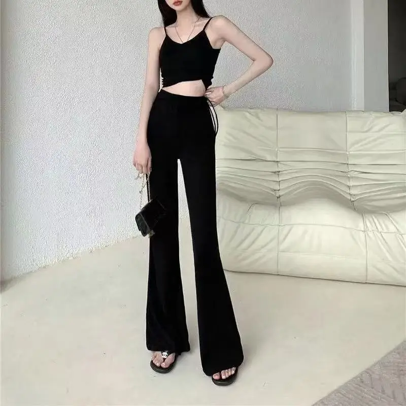 Rahat Pantolon Kadın Bahar Tasarım Sokak Giyim Tüm Maç Katı Basit Yay Yüksek Bel Geniş Bacak Pantolon Kore Tarzı Rahat Nefes
