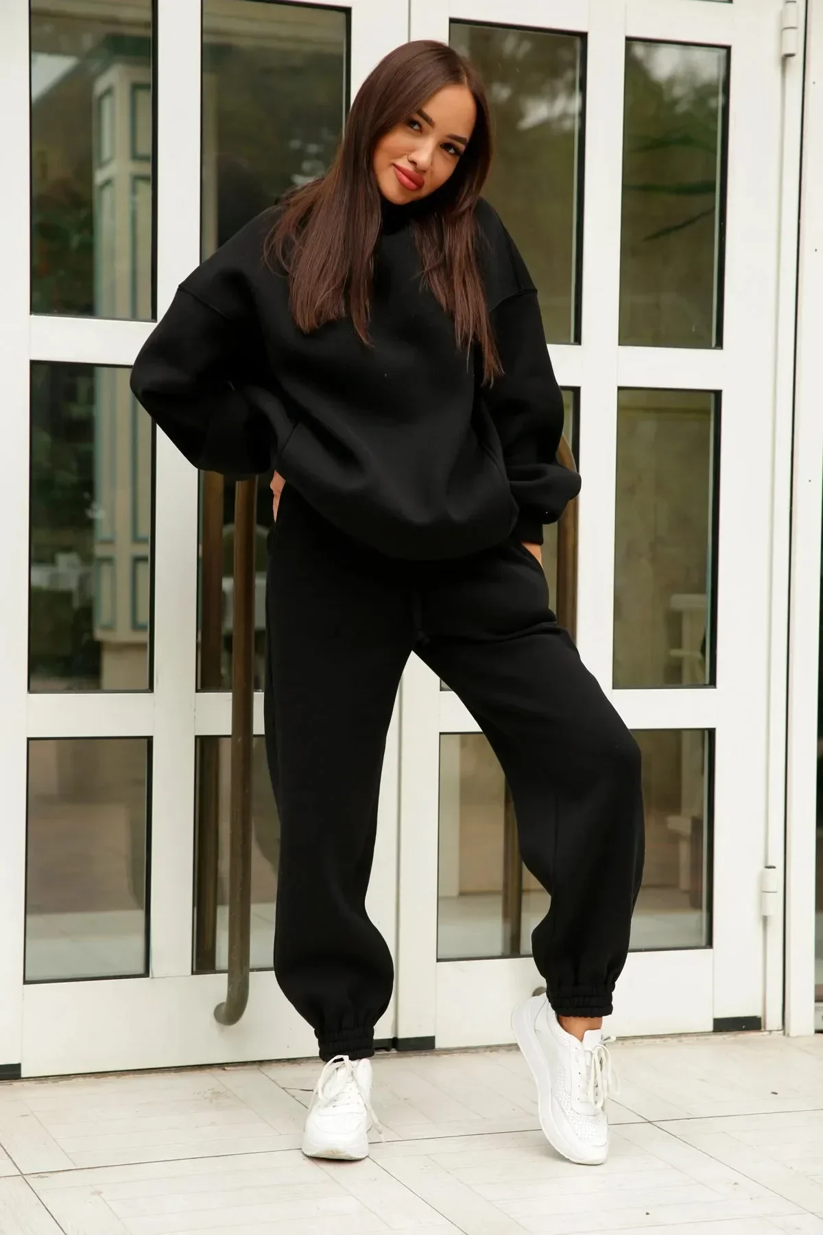 Artı boyutu kadın Elbise Sonbahar / Kış Yeni Moda kadın Y2K Hoodie Seti Gevşek Düz Renk Basit Kazak rahat pantolon Spor