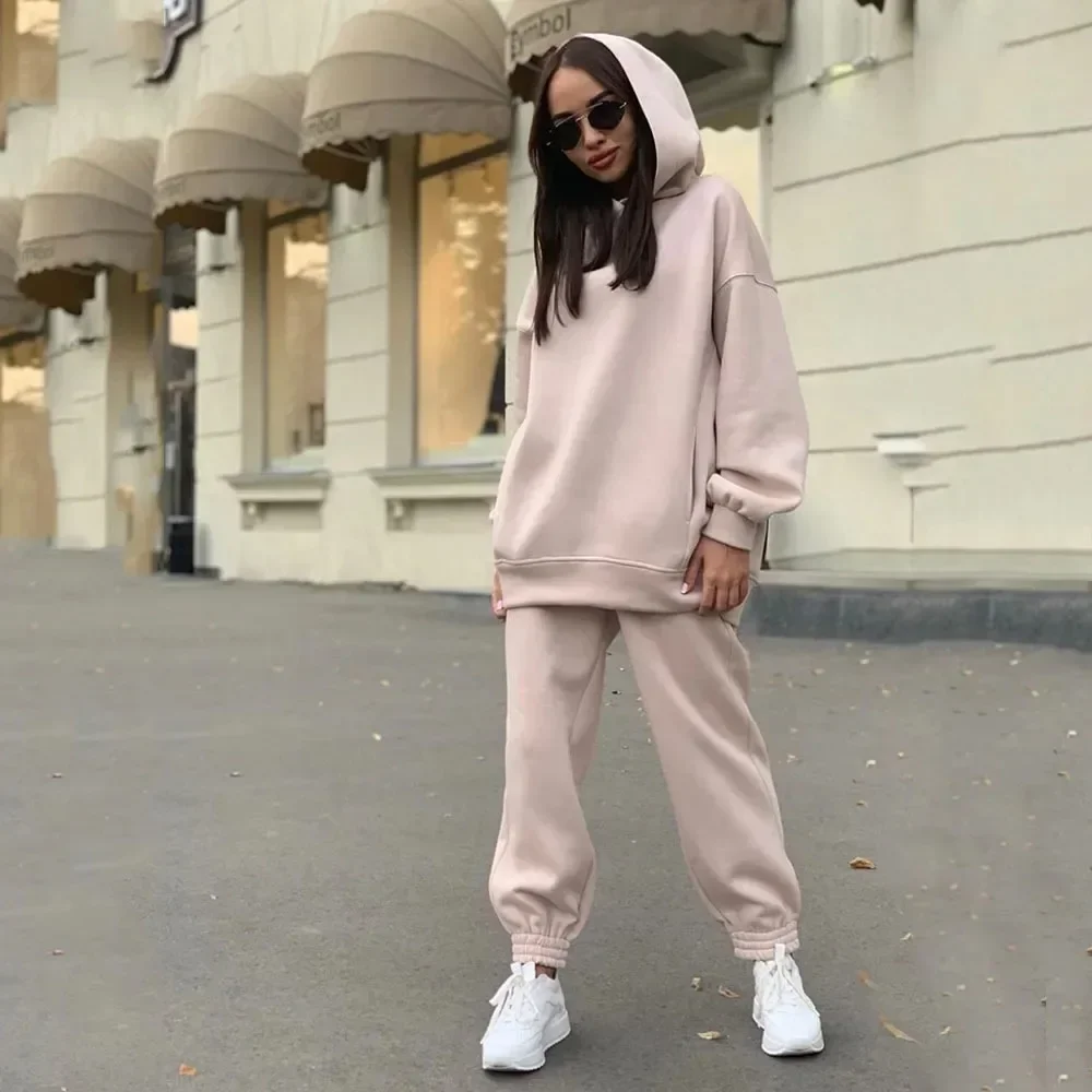 Artı boyutu kadın Elbise Sonbahar / Kış Yeni Moda kadın Y2K Hoodie Seti Gevşek Düz Renk Basit Kazak rahat pantolon Spor