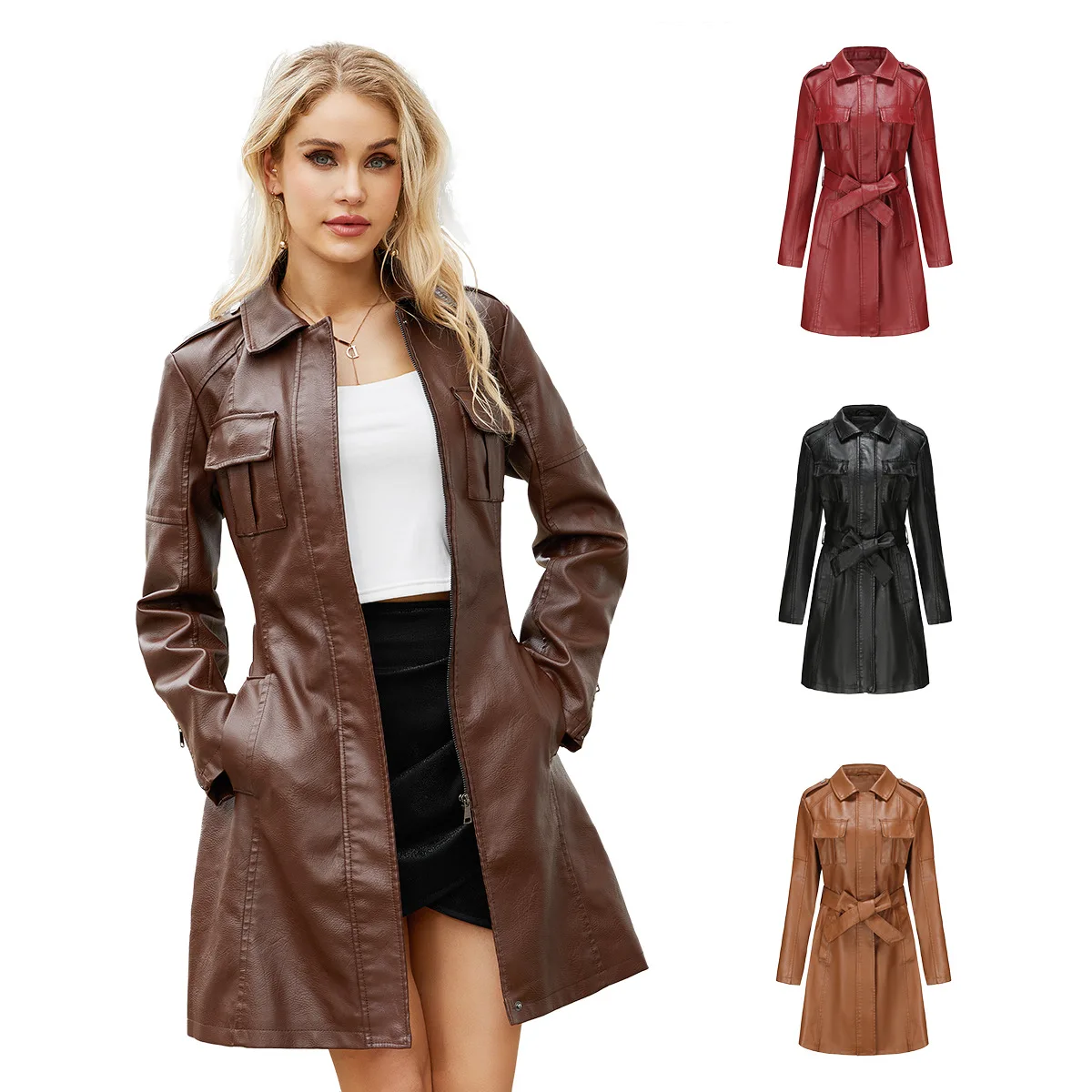 Kış Yeni Katı Renk Casual Vintage PU Faux Deri Trençkot Rüzgarlık Kadın Sonbahar Kış Moda Fermuar Uzun Ceketler