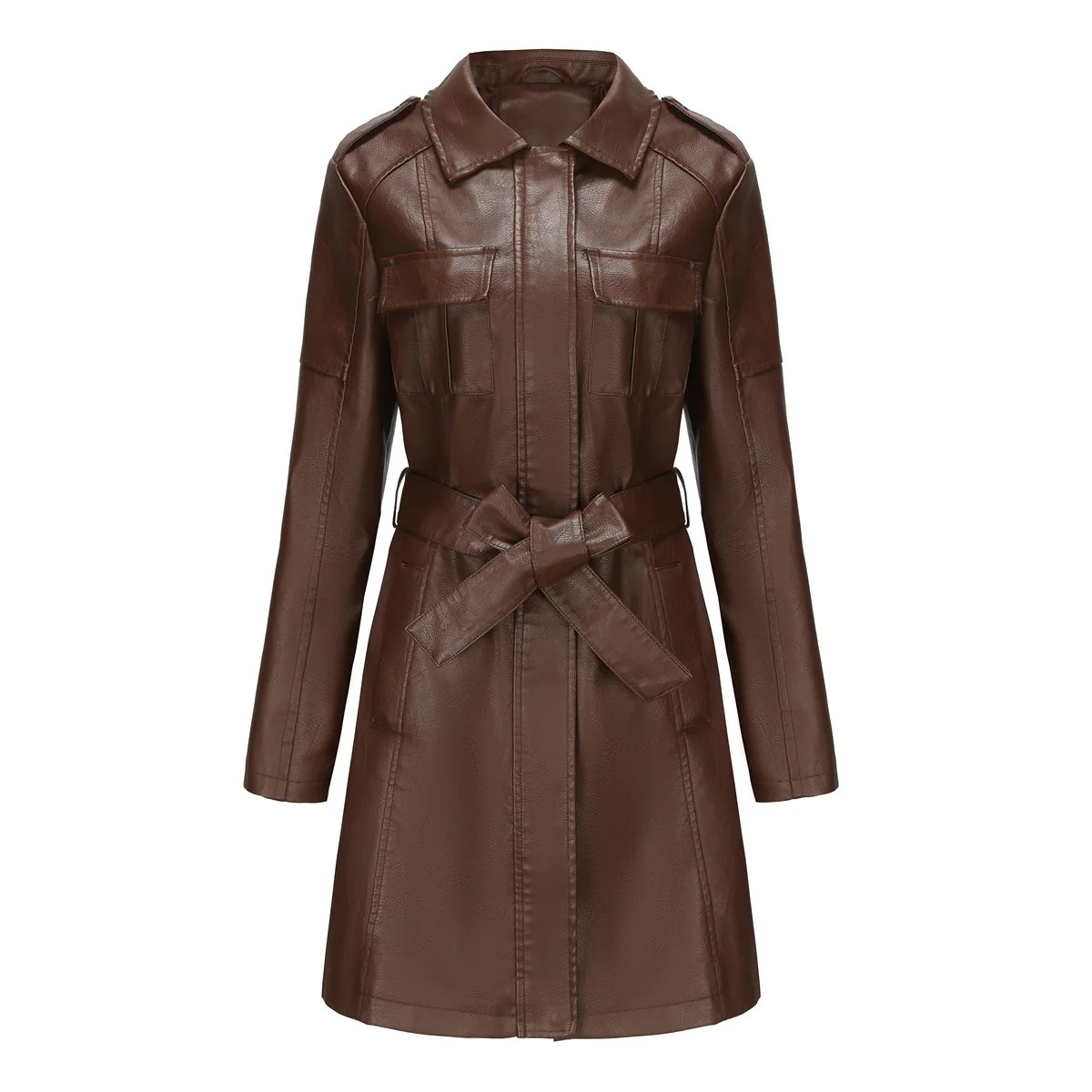 Kış Yeni Katı Renk Casual Vintage PU Faux Deri Trençkot Rüzgarlık Kadın Sonbahar Kış Moda Fermuar Uzun Ceketler