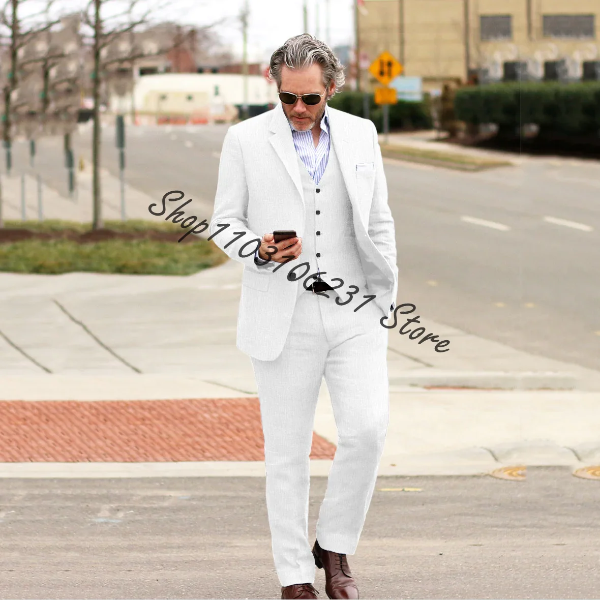 2024 Beyaz Keten Erkek Takım Elbise Yeni Moda Damat Casual Smokin Slim Fit Düğün Blazer Yelek Pantolon Özel Terno Masculino