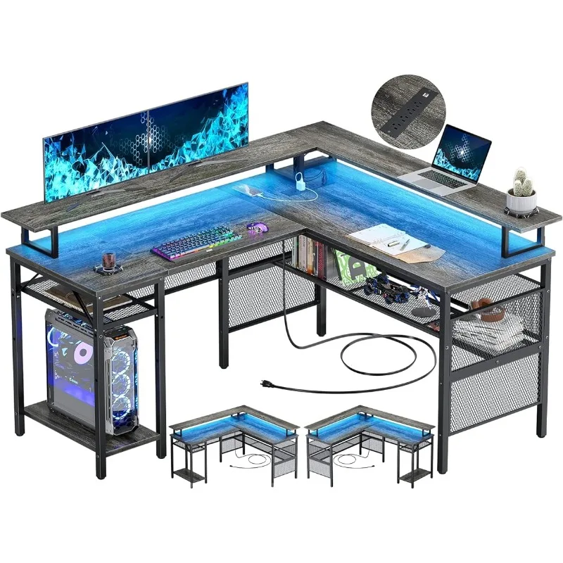 Unıkıto L Şekilli Bilgisayar Masası, Elektrik Prizli ve LED Şeritli Geri Dönüşümlü Köşe Masası, Monitörlü L Şeklinde Oyun Masası