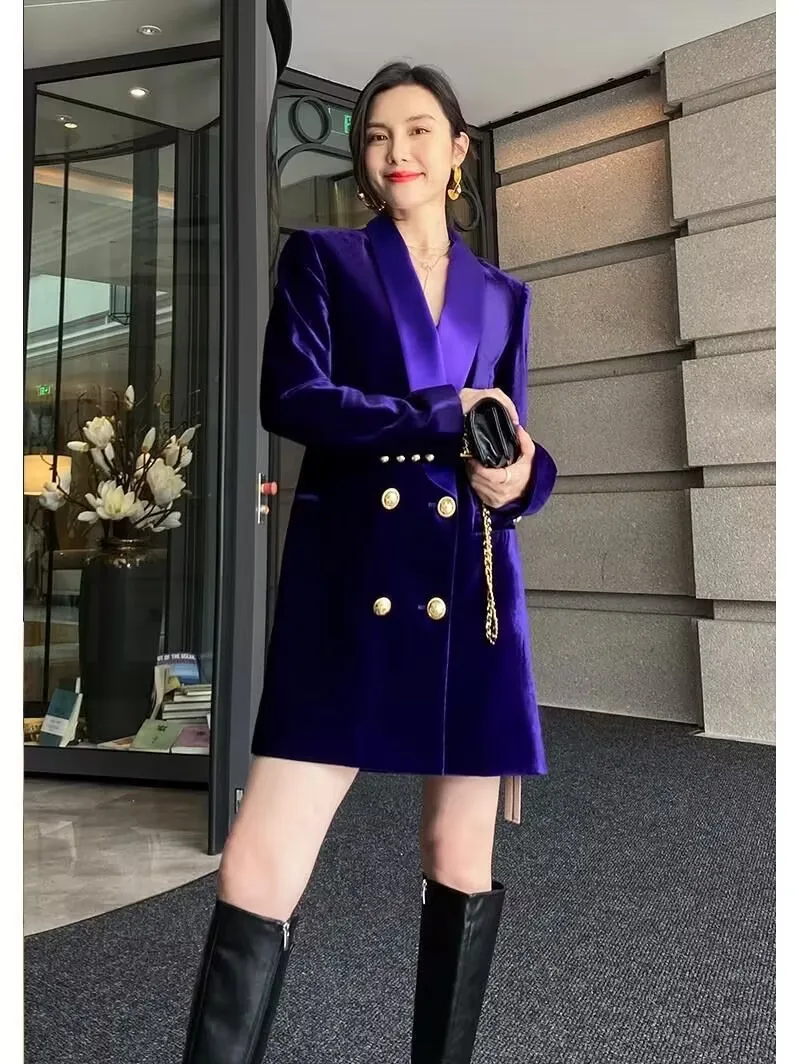 Sonbahar kış Yeni Lüks Mor Kadife Takım Elbise Ceket Kadın Kısa Elbise Uzun kollu Kruvaze Orta Uzun Sokak Trend Giyim