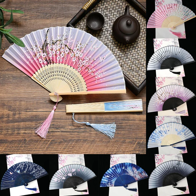 Vintage İpek yelpaze Çin Japon Çiçek Kelebek Baskılı Desen Bambu Fanlar Dans El Fanlar Sanat Zanaat Hediye Dekorasyon