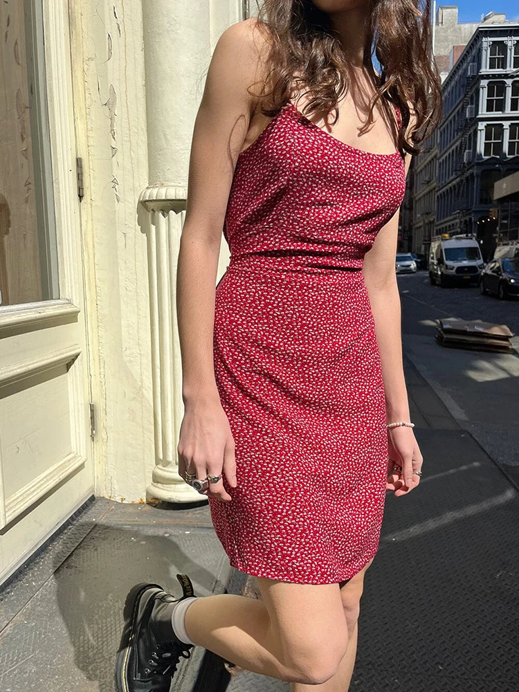 Kırmızı Çiçek Baskı Dantel - up Mini Elbise Kadın Yaz Pamuk Kolsuz A-line Camiş Elbiseler Y2k Vintage Tatlı Mini Vestidos 2024