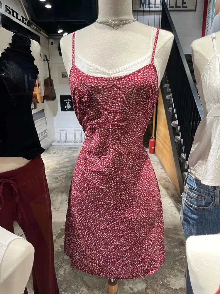 Kırmızı Çiçek Baskı Dantel - up Mini Elbise Kadın Yaz Pamuk Kolsuz A-line Camiş Elbiseler Y2k Vintage Tatlı Mini Vestidos 2024