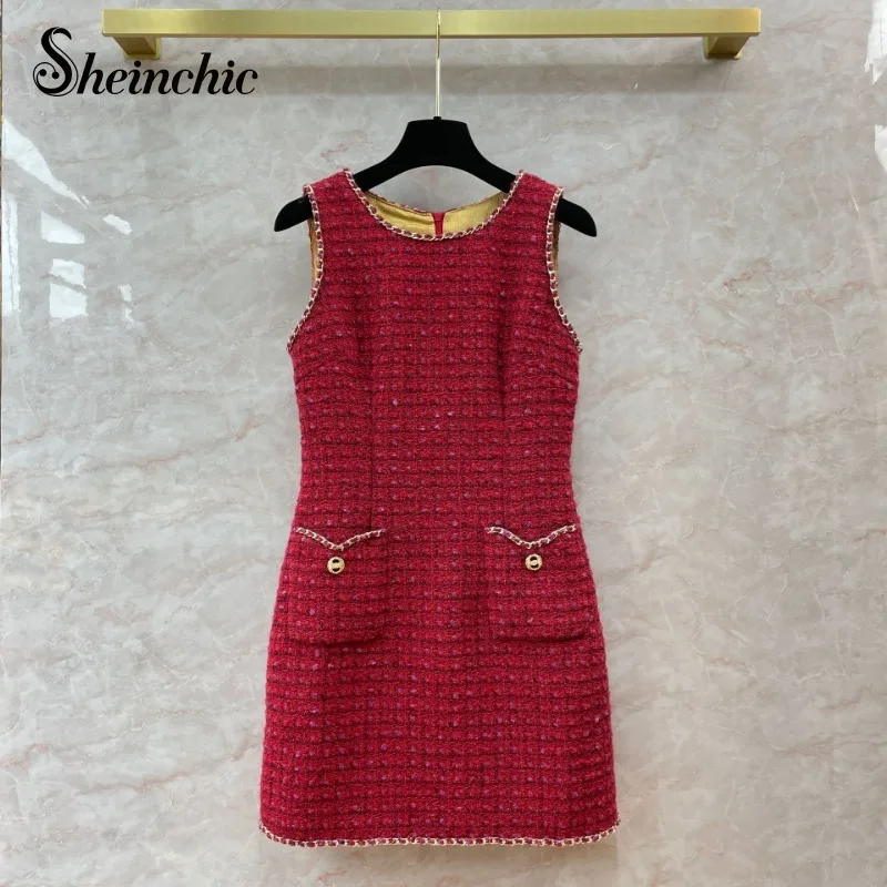 Ipek Astar Yün Elbiseler Kadınlar için Lüks Yüksek Kaliteli Zarif O-boyun Kolsuz Mini Elbise 2023 Sonbahar Kırmızı Vestido Feminino