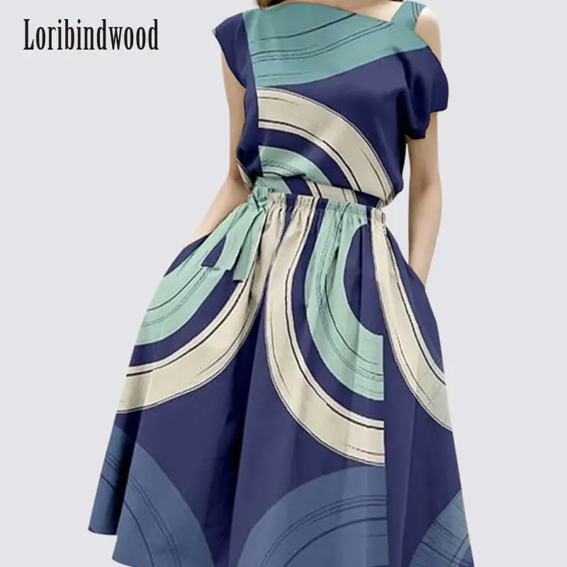 Basit Zarif Tekne Boyun moda elbise 2023 Yaz Yeni Batı Tarzı Bel Zayıflama Zayıflama Baskılı Elbise Kadınlar için Y2k Elbise