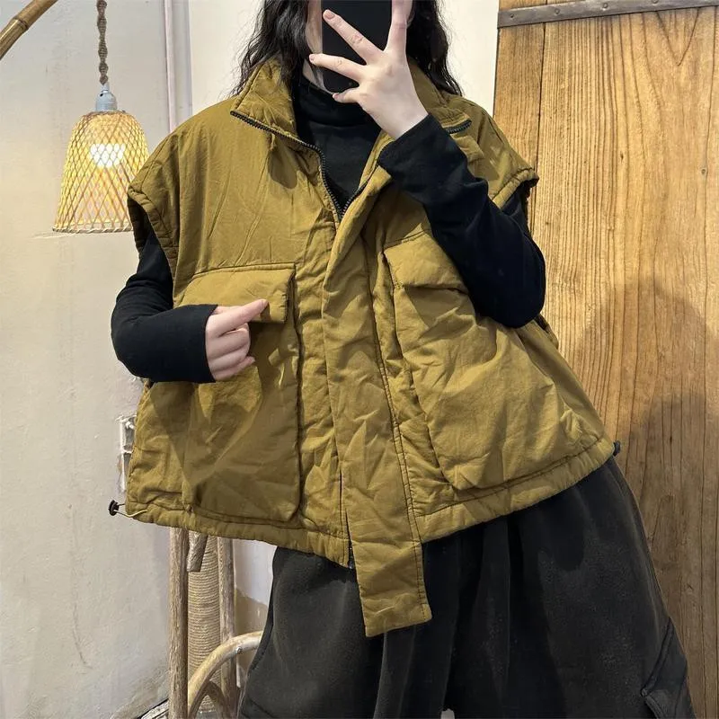 Sonbahar Kış Yeni Sanat Stil Kadın Kolsuz Kalınlaşmak Sıcak Kısa Yelek Ceket Çift Cep Katı Pamuk Astar Yelek Ceket P436