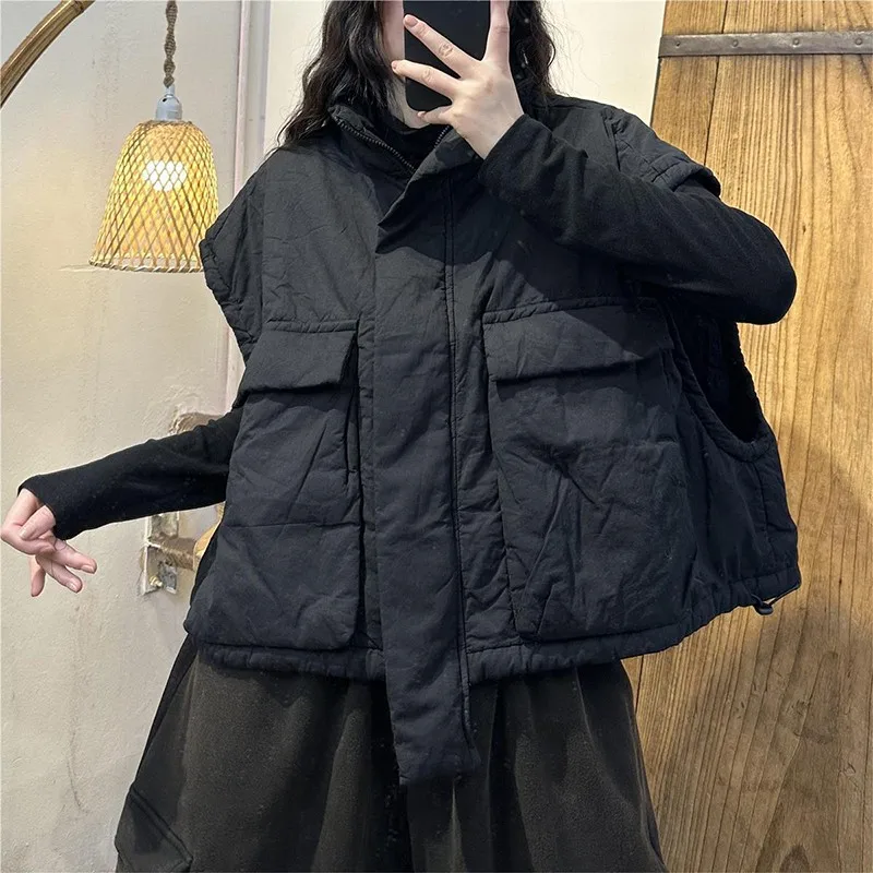 Sonbahar Kış Yeni Sanat Stil Kadın Kolsuz Kalınlaşmak Sıcak Kısa Yelek Ceket Çift Cep Katı Pamuk Astar Yelek Ceket P436