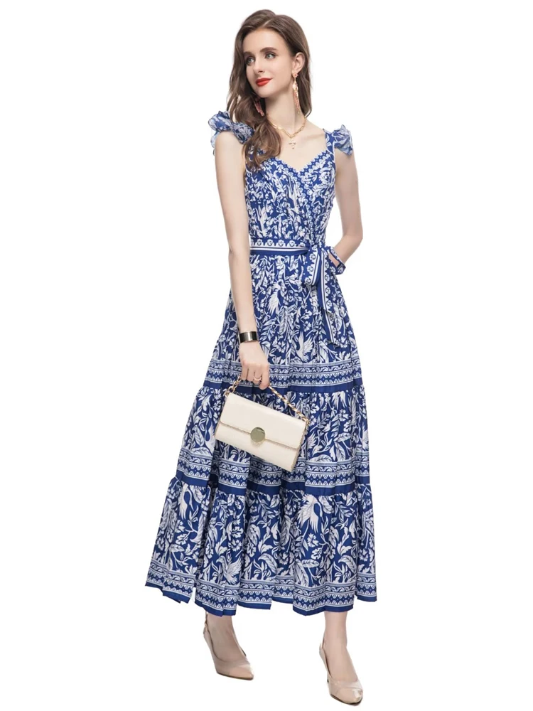 SEQINYY Mavi Pilili Elbise Yaz Bahar Yeni Moda Tasarım Kadınlar Pist Vintage Çiçekler Baskı Kolsuz Ince Parti Zarif