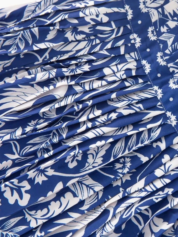 SEQINYY Mavi Pilili Elbise Yaz Bahar Yeni Moda Tasarım Kadınlar Pist Vintage Çiçekler Baskı Kolsuz Ince Parti Zarif