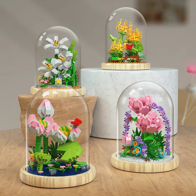 Ölümsüz Çiçek Mikro Yapı Taşları Kaktüs Karanfil Gül Ayçiçeği Buket Zambak Laleler Mini Tuğla Figürü Oyuncak Ekran