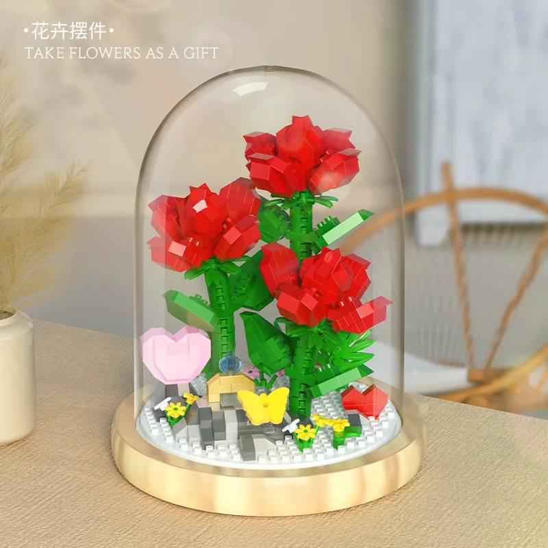 Ölümsüz Çiçek Mikro Yapı Taşları Kaktüs Karanfil Gül Ayçiçeği Buket Zambak Laleler Mini Tuğla Figürü Oyuncak Ekran
