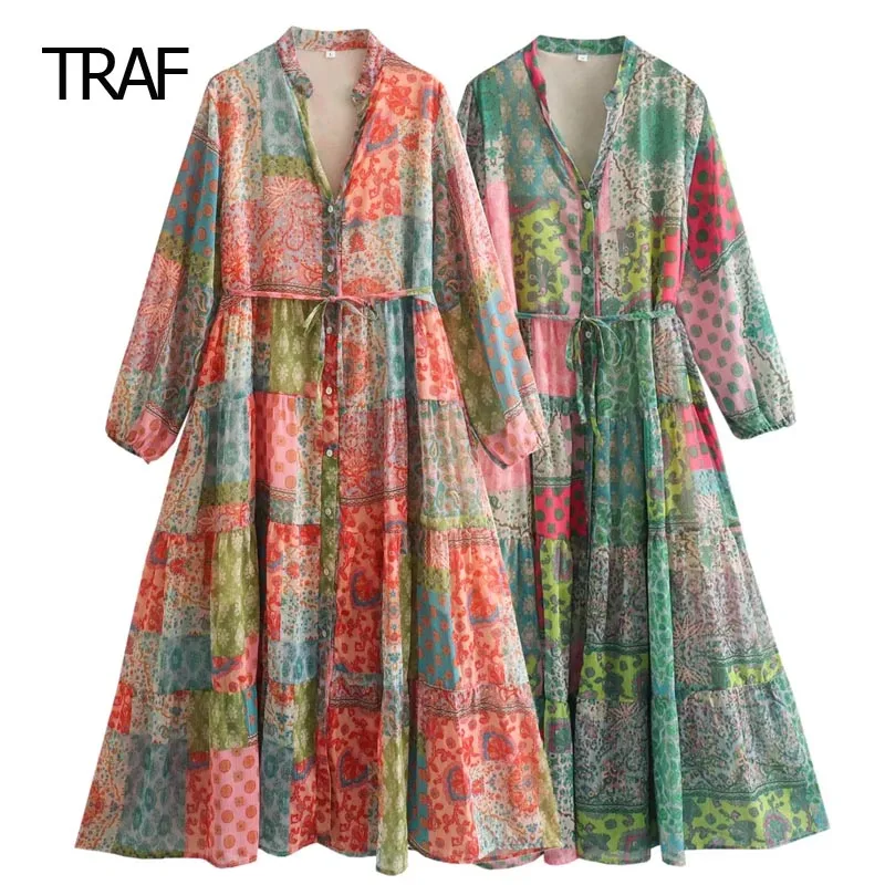 TRAF Metalik İplik Baskı Elbiseler Bayan Elbiseler Sonbahar Kış Midi V Yaka Uzun Kollu Elbise Şık Ve Zarif Kadın Elbiseler
