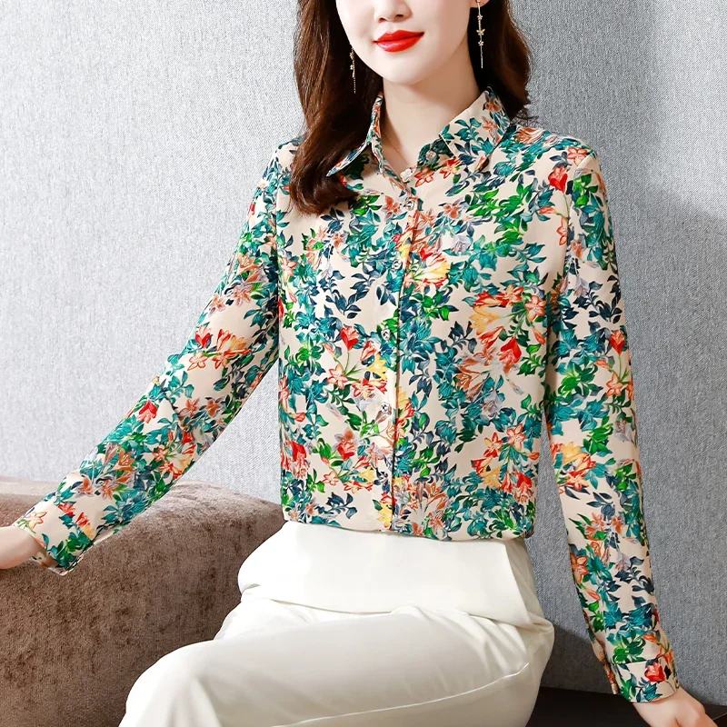 Saten kadın Gömlek Baskılı Gevşek Vintage Bluzlar İlkbahar / Yaz Çiçek Giyim Moda Uzun Kollu İpek Kadın Üstleri YCMYUNYAN