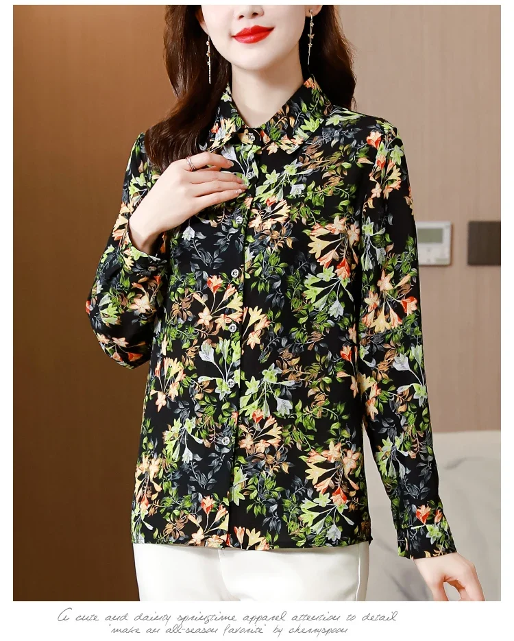Saten kadın Gömlek Baskılı Gevşek Vintage Bluzlar İlkbahar / Yaz Çiçek Giyim Moda Uzun Kollu İpek Kadın Üstleri YCMYUNYAN