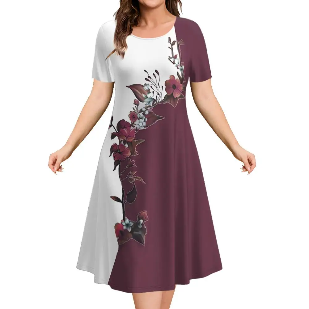 2023 Yeni Kadın Elbiseler 3D Çiçekler Desen Kısa Kollu Üstleri Rahat Moda Bir Çizgi Etek Yaz Bayan Büyük Boy Tatil Elbiseler