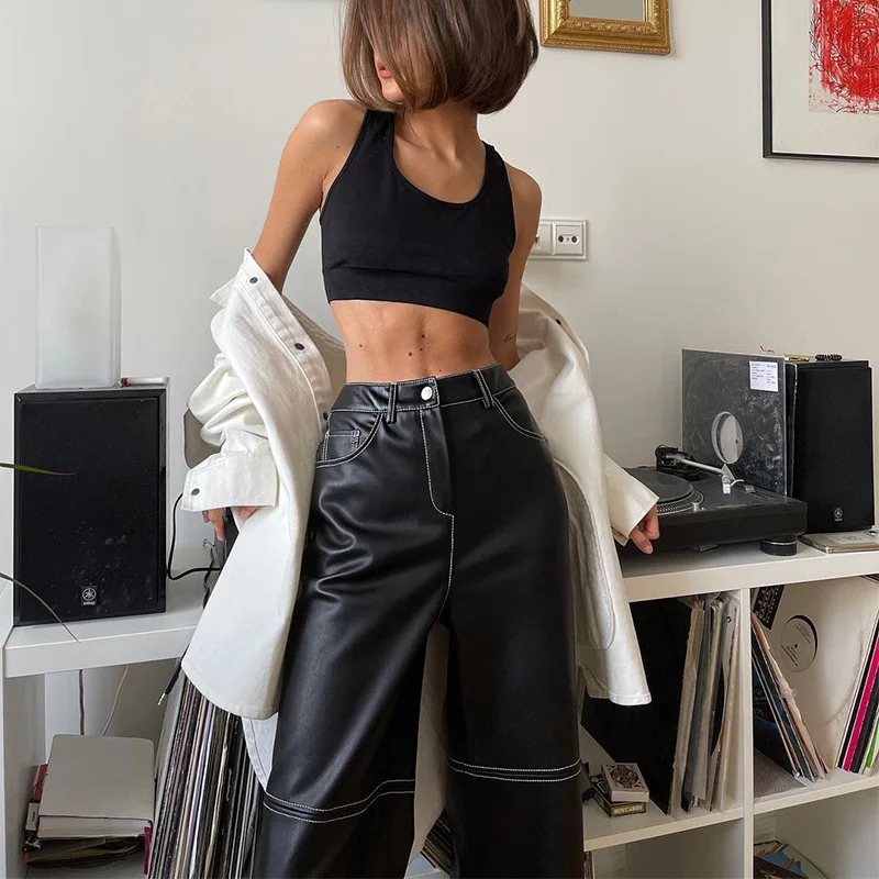 Kristal Sonbahar Siyah Kadın PU deri Pantolon Yan Yarık ile Moda Yüksek Bel Streetwear Casual Joggers Uzun Düz Geniş Bacak P