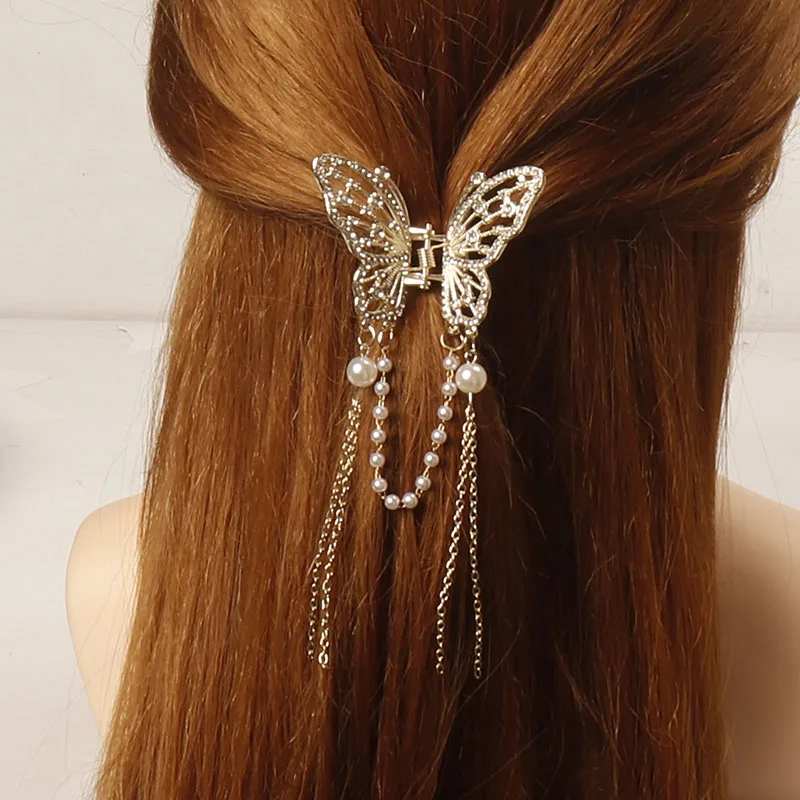 Alaşım kelebek saç tokası içi boş zincir püskül saç tokası Metal Pençe Kadın Saç Pençeleri Kızlar At Kuyruğu Barrette Aksesuarları kız için