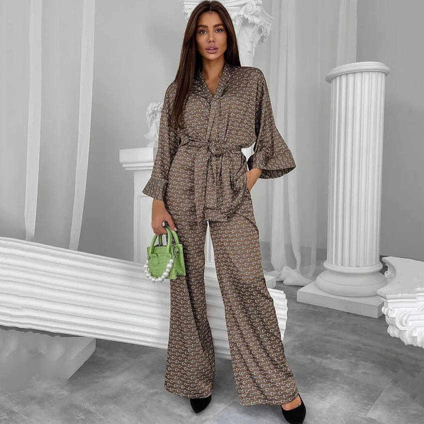 Moda Baskı kadın Pijama Takımı Uzun Kollu Bayanlar Kimono ve Pantolon Pijama 2 Parça Takım Elbise Sonbahar Gecelik Kadın