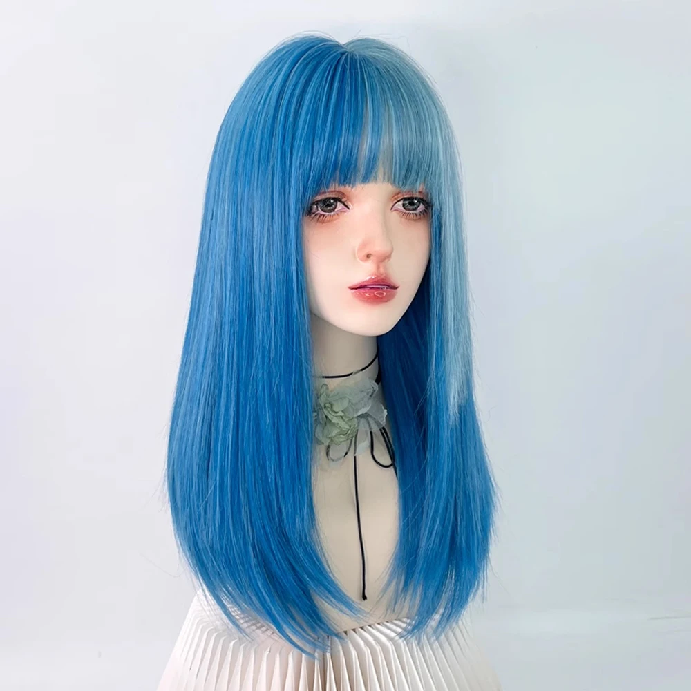 GAKA Sentetik Mavi Karışık Uzun Düz Peruk Patlama ile Kabarık Doğal Kadın Lolita kostümlü oyun saç peruk Günlük Parti için