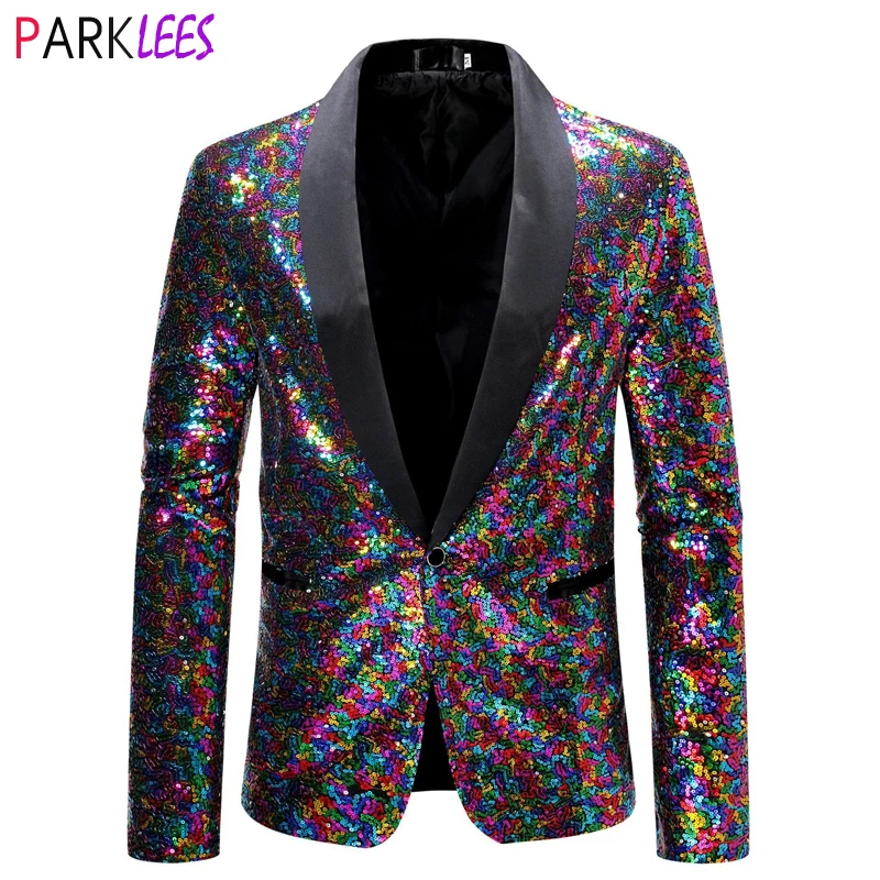 Parlak Renkli Pullu Smokin Takım Elbise Ceket Erkek Şal Yaka Bir Düğme Glitter Blazers Erkek Düğün Parti Balo Şarkıcı Kostümleri 2XL