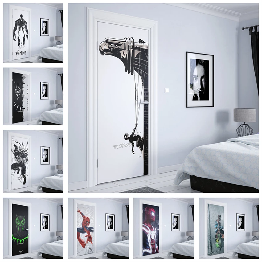 Marvel Süper kahraman Siyah Panter Örümcek Adam suluboya soyut tarzı Kreş Çocuk Odası kaliteli duvar sanatı yatak odası kapısı çıkartmalar
