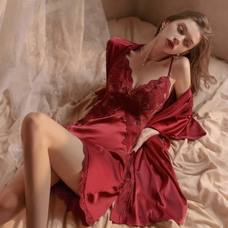Kadın Yaz Seksi Dantel Gecelik Pijama Kızlar Hollow Out gece elbisesi Iç Çamaşırı Ipek Saten Gecelik Nighty Ev Elbise