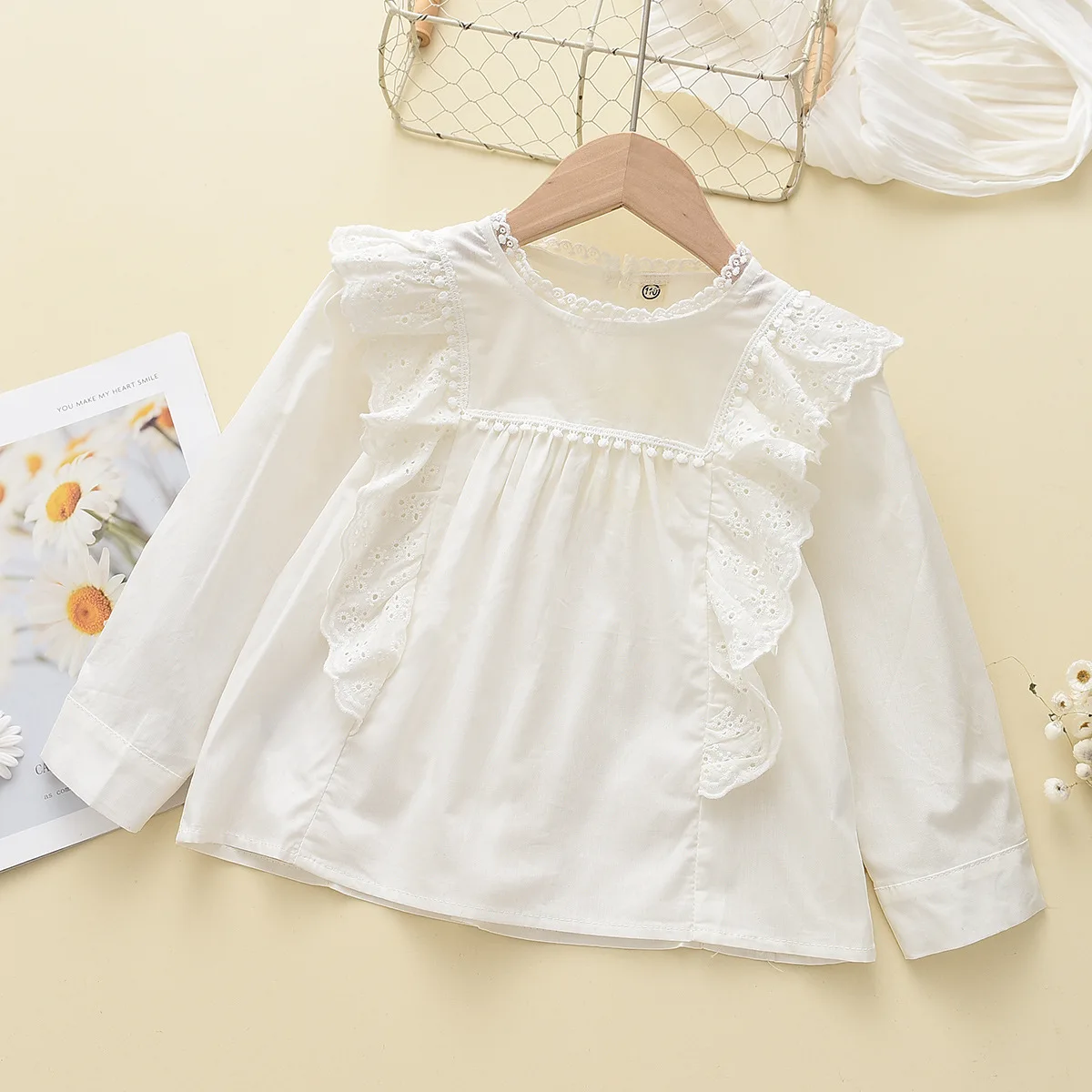 Çocuk Giyim Kız Gömlek Düz Renk Ahşap Kulak Dantel Yaka Sonbahar Yeni Uzun Kollu Sevimli Moda O-Boyun Taze Kore Pamuk