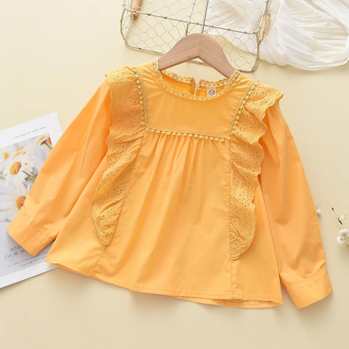Çocuk Giyim Kız Gömlek Düz Renk Ahşap Kulak Dantel Yaka Sonbahar Yeni Uzun Kollu Sevimli Moda O-Boyun Taze Kore Pamuk
