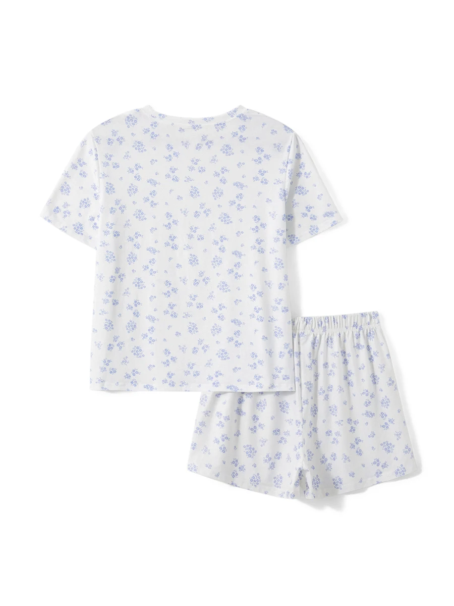 Kadın Pijama Seti 2 Parça Loungewear Takım Elbise Çiçek Baskı Kısa Kollu T-Shirt Üstleri ve Şort Pijama Kıyafetler