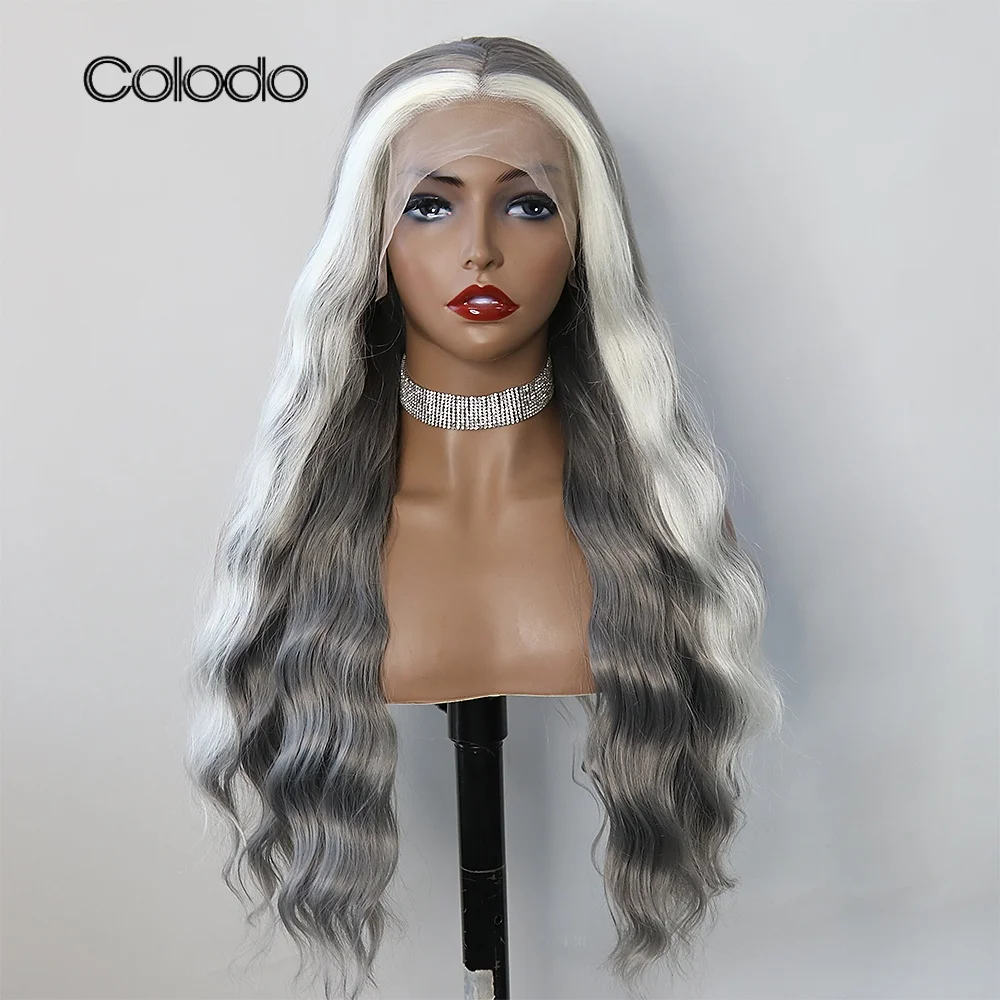 COLODO Vücut Dalga Sentetik Dantel ön peruk Kadın ıçin Yüksek Sıcaklık Fiber Beyaz Gri Yeni Cosplay Peruk Sürükle Kraliçe Gevşek Tutkalsız