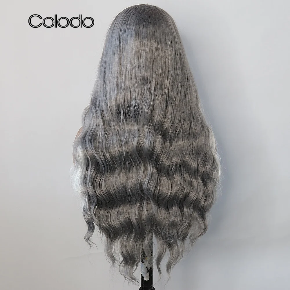 COLODO Vücut Dalga Sentetik Dantel ön peruk Kadın ıçin Yüksek Sıcaklık Fiber Beyaz Gri Yeni Cosplay Peruk Sürükle Kraliçe Gevşek Tutkalsız