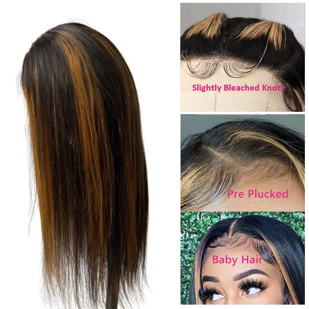 Vurgulamak peruk insan saçı 13x4x1 Dantel Ön Ombre Sarışın Kahverengi Peruk Bob Düz Brezilyalı Peruk Orta Kısmı Dantel ön Peruk Kadın