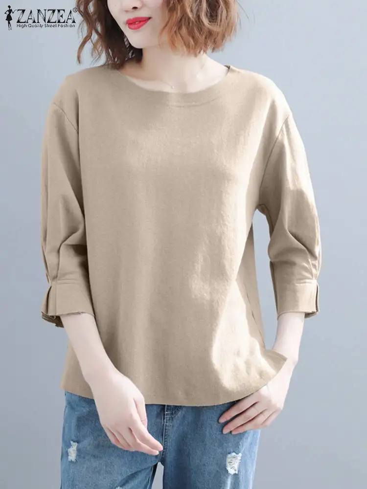 Şık Kadın O Boyun 3/4 Kollu Bluz Sonbahar Tunik Üstleri 2023 ZANZEA Moda Katı İş Gömlek Kadın Rahat Parti Blusas Chemise