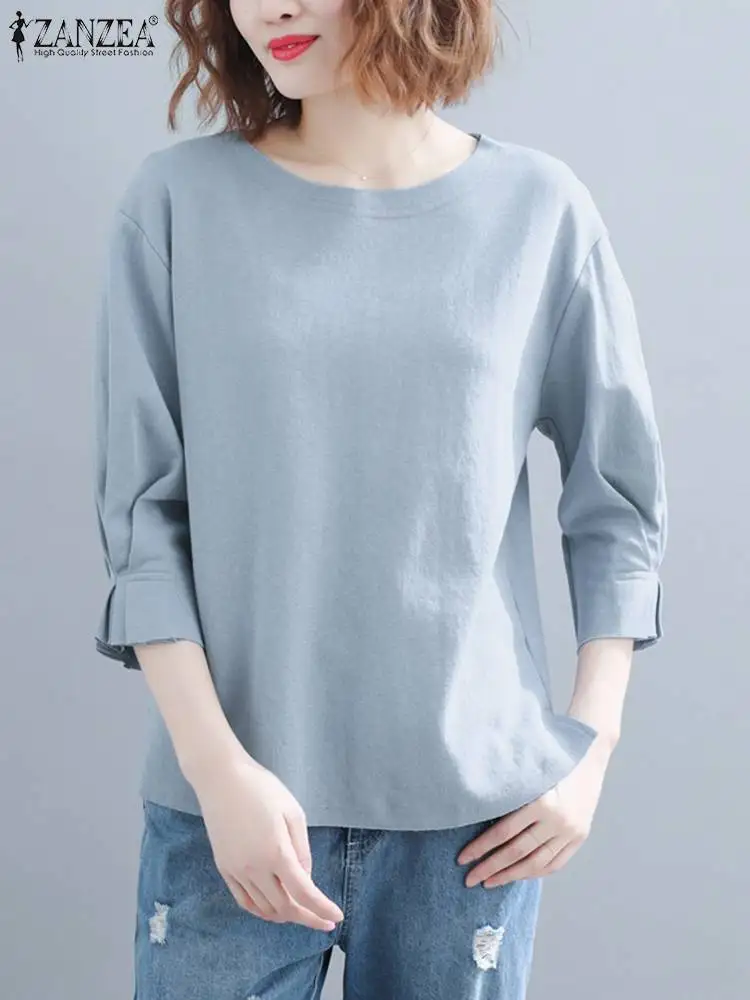 Şık Kadın O Boyun 3/4 Kollu Bluz Sonbahar Tunik Üstleri 2023 ZANZEA Moda Katı İş Gömlek Kadın Rahat Parti Blusas Chemise