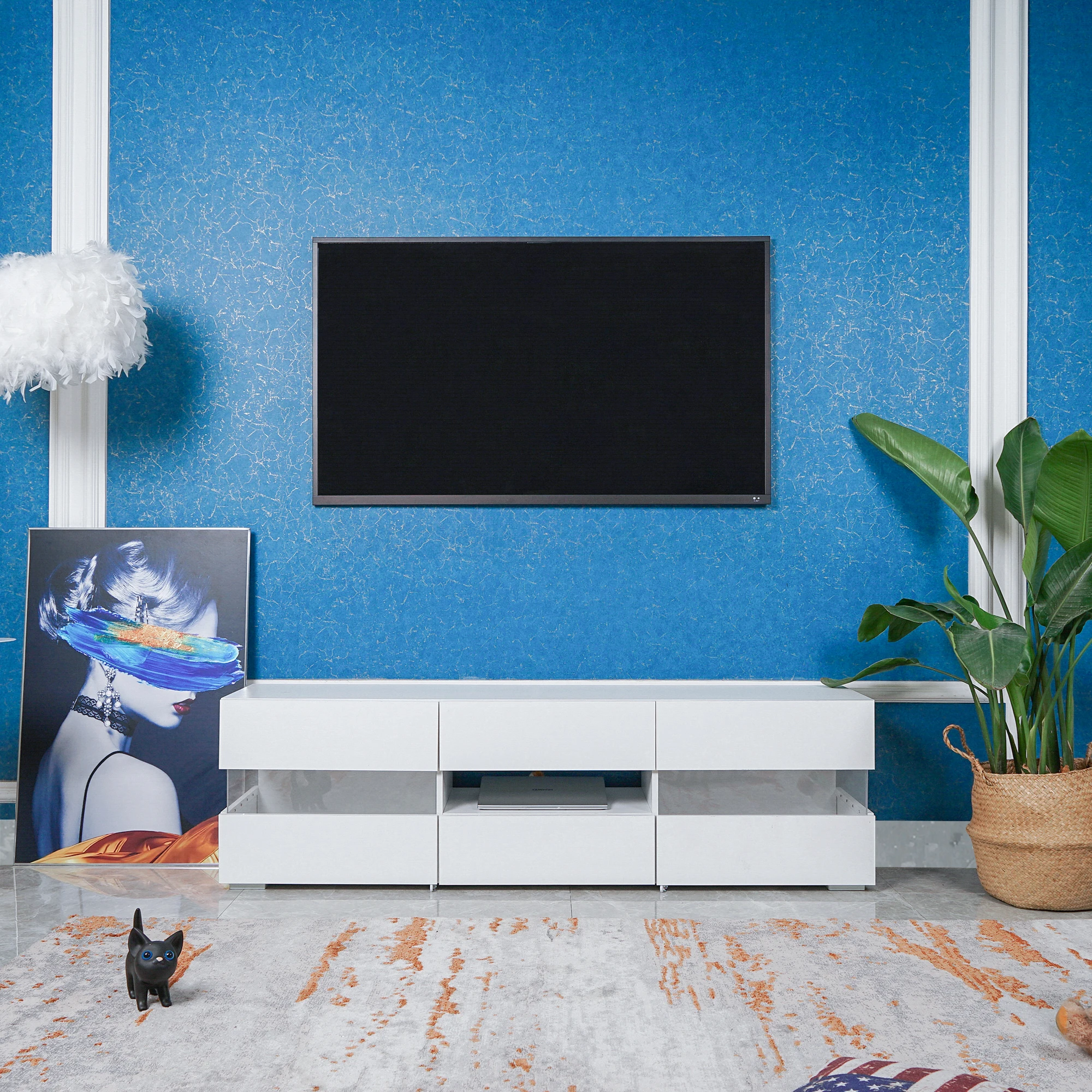[Flash İndirimi]Modern Minimalist led ışık TV standı 2022 YENİ Akrilik Cam Beyaz TV Dolabı 63 