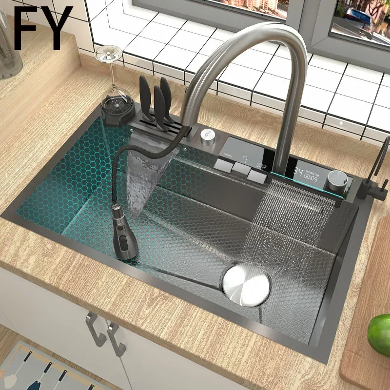 Çift Şelale Lavabo paslanmaz çelik mutfak lavabosu Kabartmalı Büyük Tek Yuvalı Ortam ışığı dijital ekran Lavabo