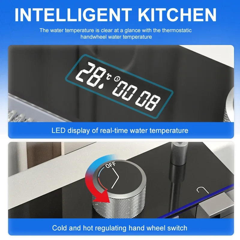 Çift Şelale Lavabo paslanmaz çelik mutfak lavabosu Kabartmalı Büyük Tek Yuvalı Ortam ışığı dijital ekran Lavabo