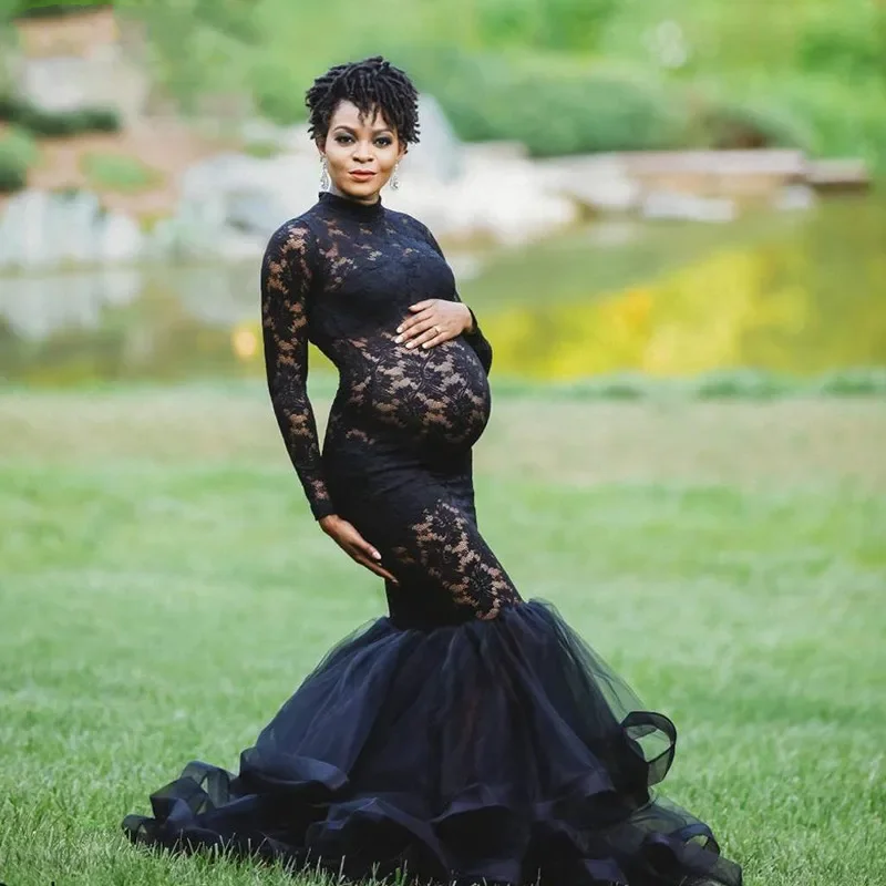 Siyah Dantel hamile elbisesi Fotoğraf Çekimi için Hamile Kadınlar Uzun Kollu Ekleme Balıkçı Yaka Fotoğraf Elbiseler Gebelik Elbise