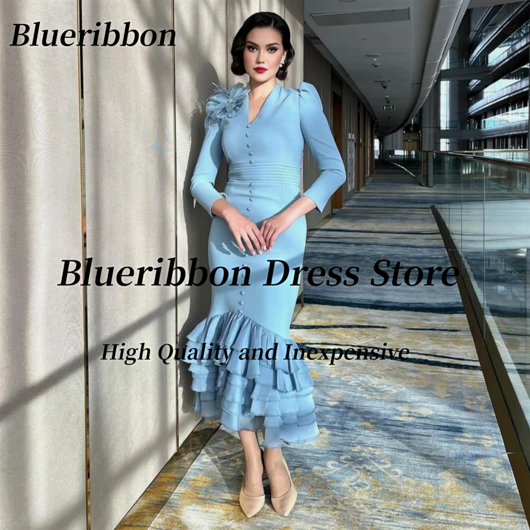 Blueribbon Katmanlı Mermaid balo kıyafetleri 2024 V Boyun Çiçek Düğmeler Vestidos Para Eventos Especiales Uzun Kollu Abiye giyim