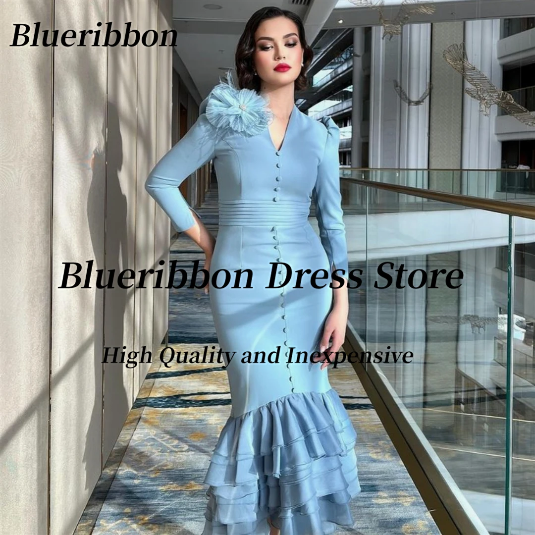 Blueribbon Katmanlı Mermaid balo kıyafetleri 2024 V Boyun Çiçek Düğmeler Vestidos Para Eventos Especiales Uzun Kollu Abiye giyim