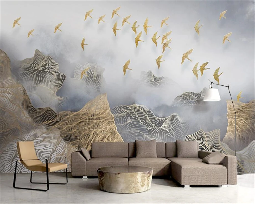 beibehang Özel duvar kağıdı soyut ruh manzara altın hatları uçan kuşlar TV arka plan duvar ev dekorasyon 3d duvar kağıdı