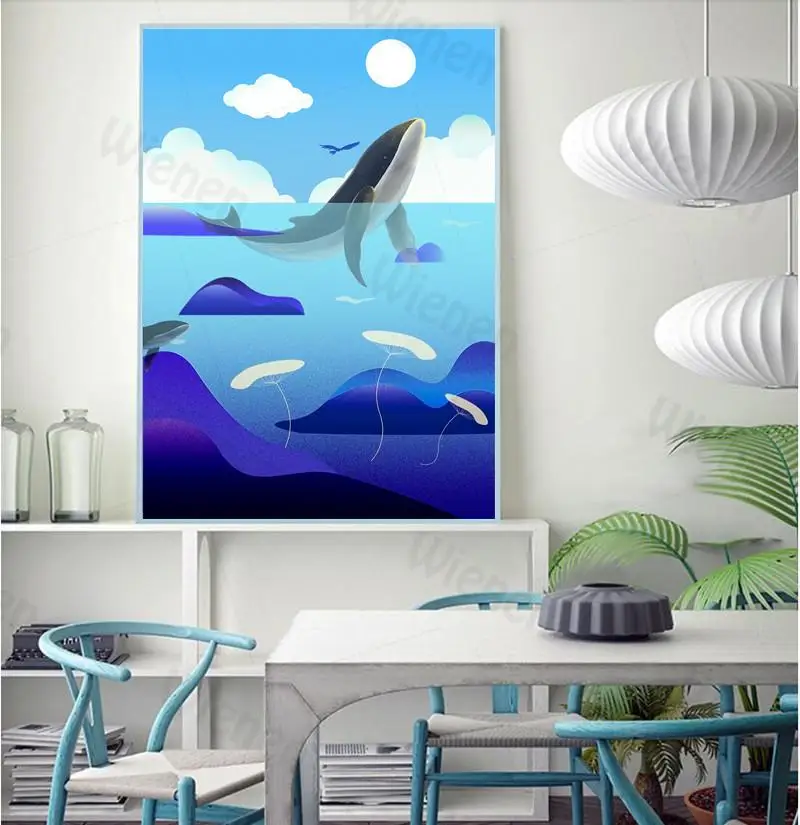 Okyanus Hayvan Balina Mavi Deniz Tuval Baskı Kreş Duvar dekor sanatı Posteri Minimalist Karikatür Anime Posteri Modern Soyut Duvar Sanatı