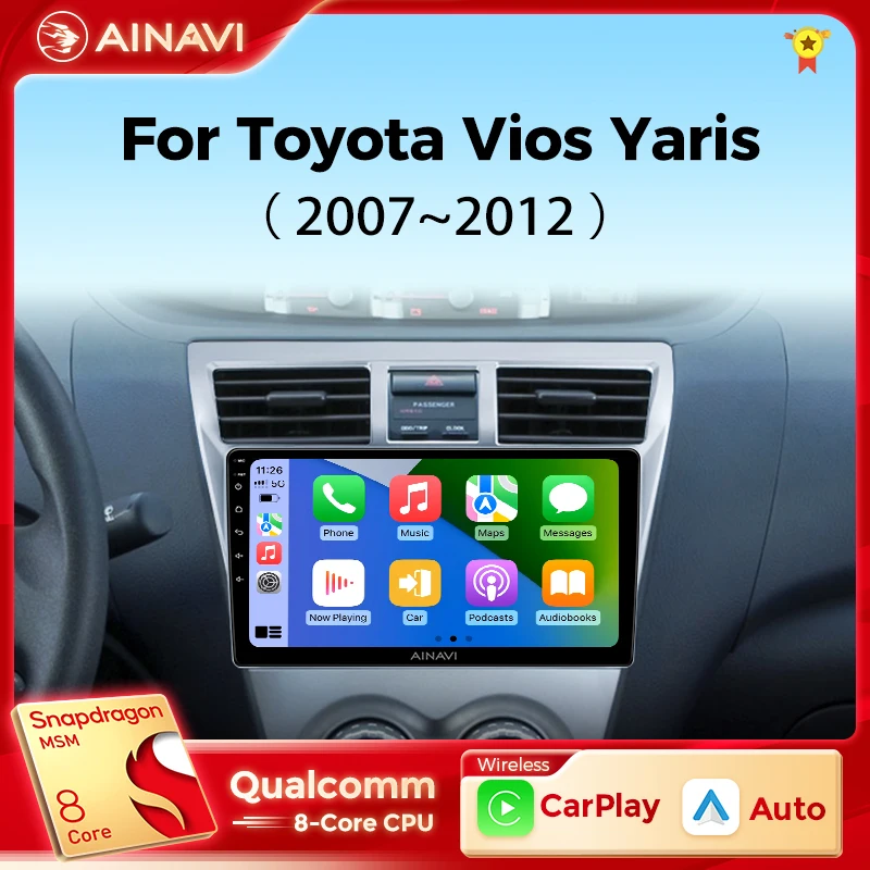 Ainavi Carplay Android 12 Toyota Vios Yaris 2007-2012 İçin Araba Radyo Stereo Multimedya Oynatıcı Video GPS Navigasyon BT Hiçbir 2Din DVD